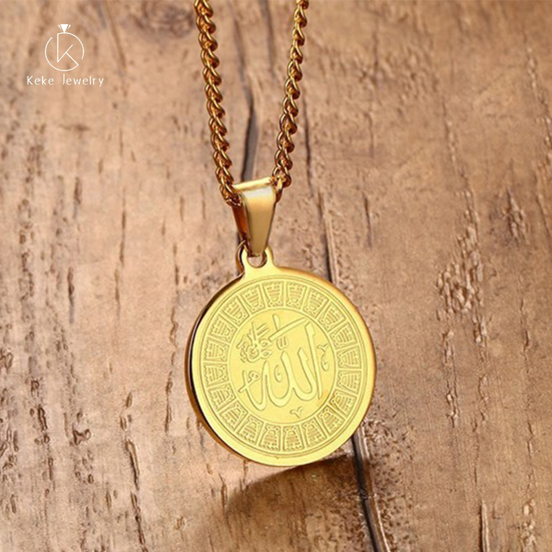 Wholesale 29MM Stainless Steel Lettering Round Pendant Golden Religious Necklace PN-637