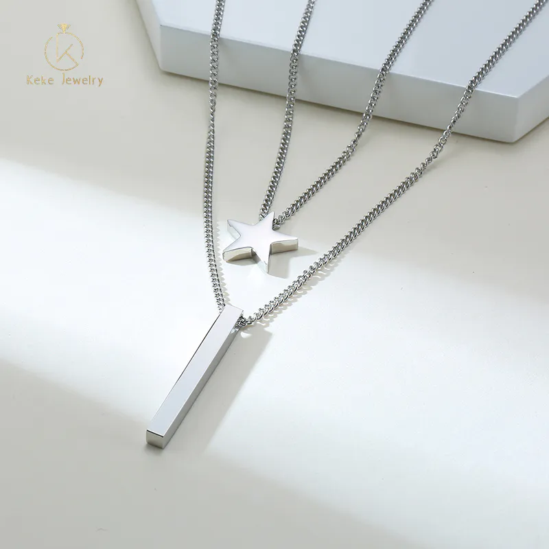 Titanium steel multilayer necklace men's stainless steel rectangular bar + five-pointed star ladies pendant necklace PN-1359