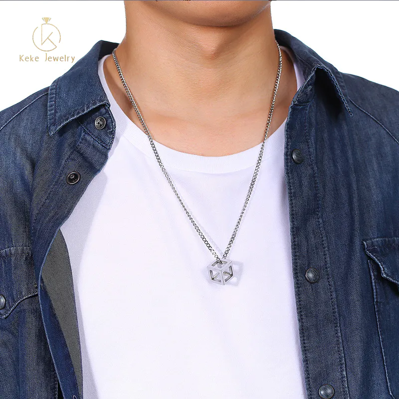 Wholesale Stainless Steel Hollow Pendant Cube Rubik's Cube Men's Necklace PN-1268