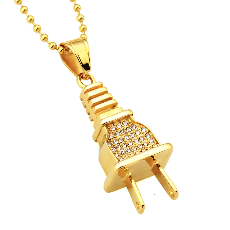 Mens Titanium Plug Design Gold Necklace Jewelry Pendant