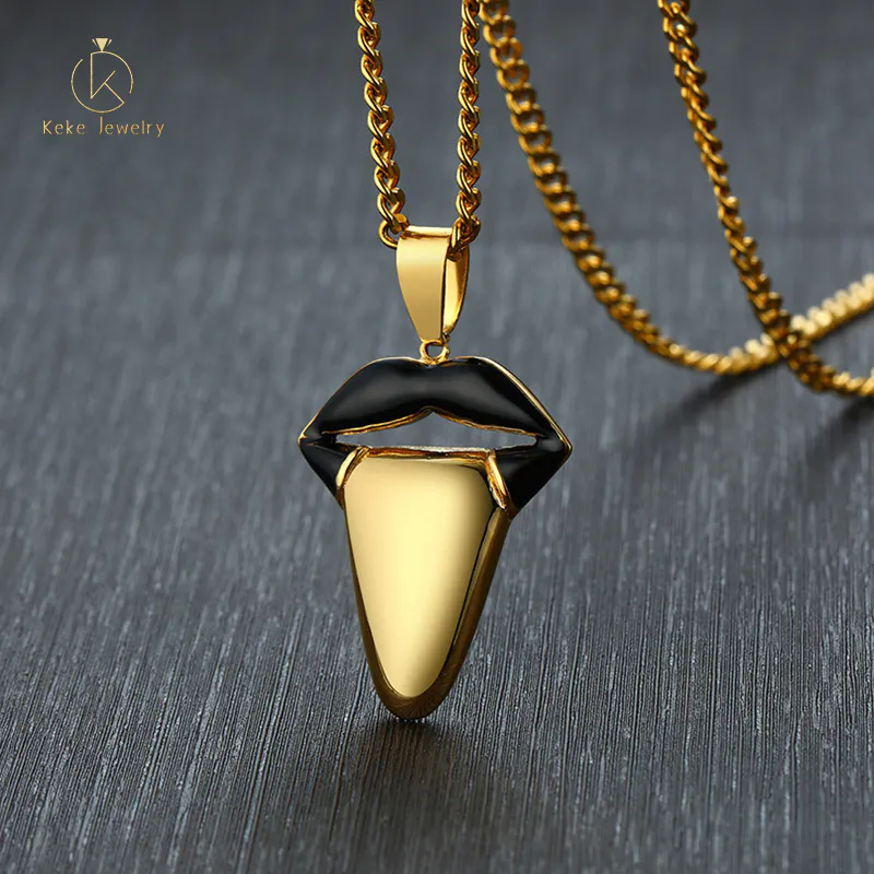 Hip Hop Street Style Stainless Steel Tongue Shape Gold Pendant Necklace PN-1237