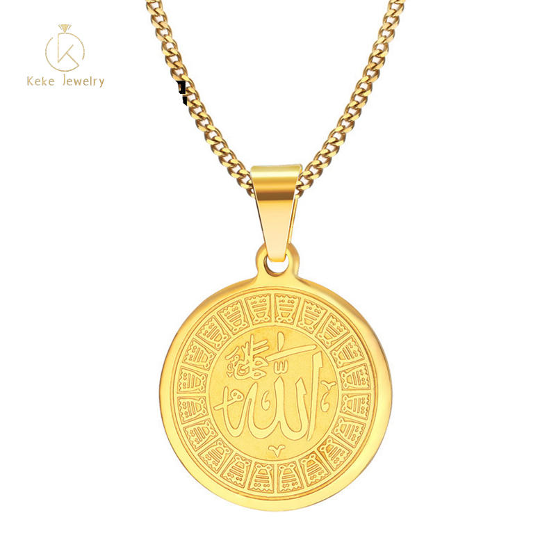 Wholesale 29MM Stainless Steel Lettering Round Pendant Golden Religious Necklace PN-637