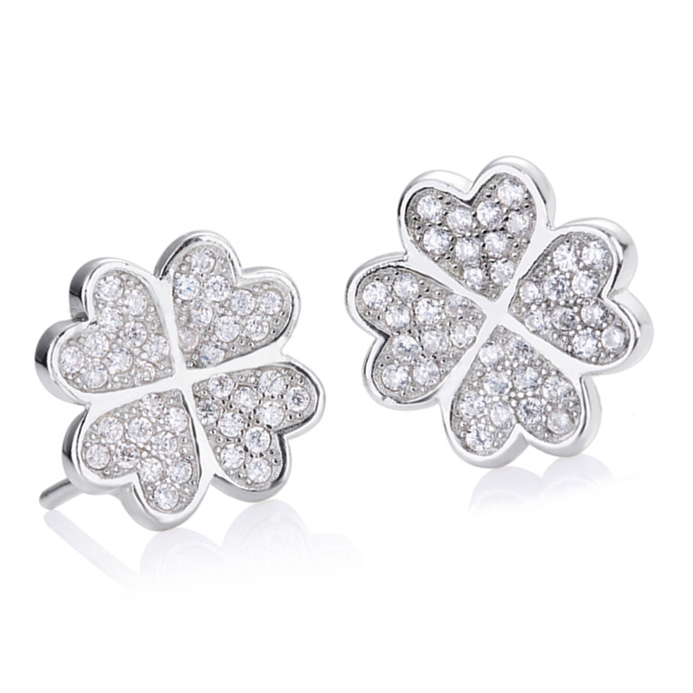 925 Silver Four Heart Leaf Clover Lucky Earrings Women Jewelry