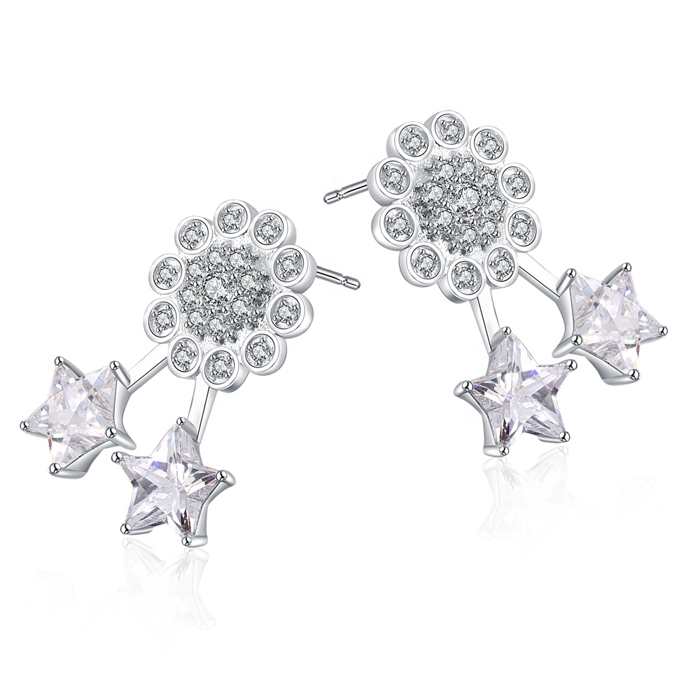 Fashion Flower And Star 925 Silver Shiny Zircon Stud Earrings