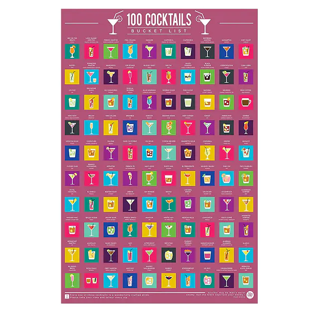 100 Cocktails Bucket List Scratch Poster