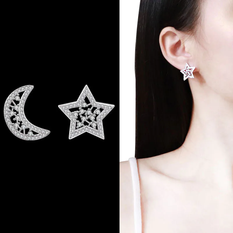 925 Sterling Silver Zircon Hollow Star Moon Shaped Stud Earrings
