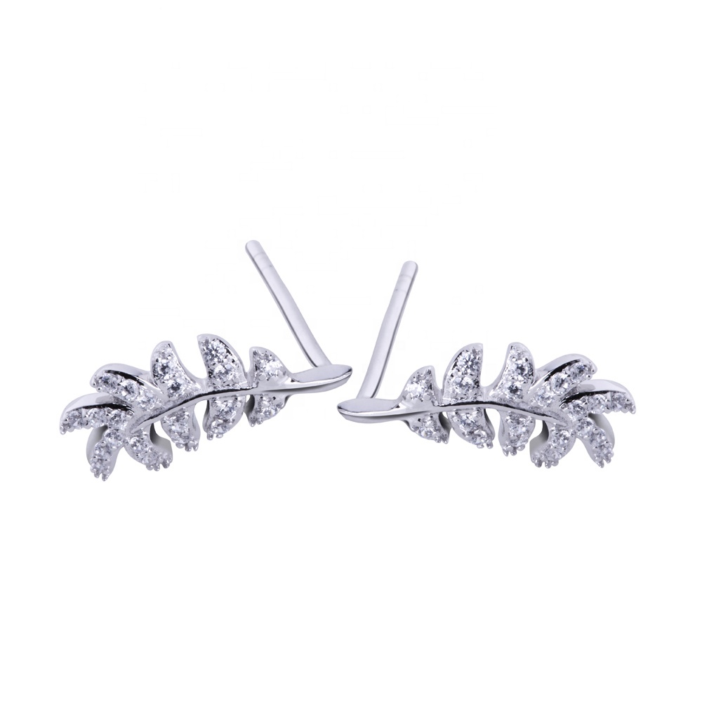 Rhodium-Plated Silver Earrings Feather-Shaped Cz Jewelry