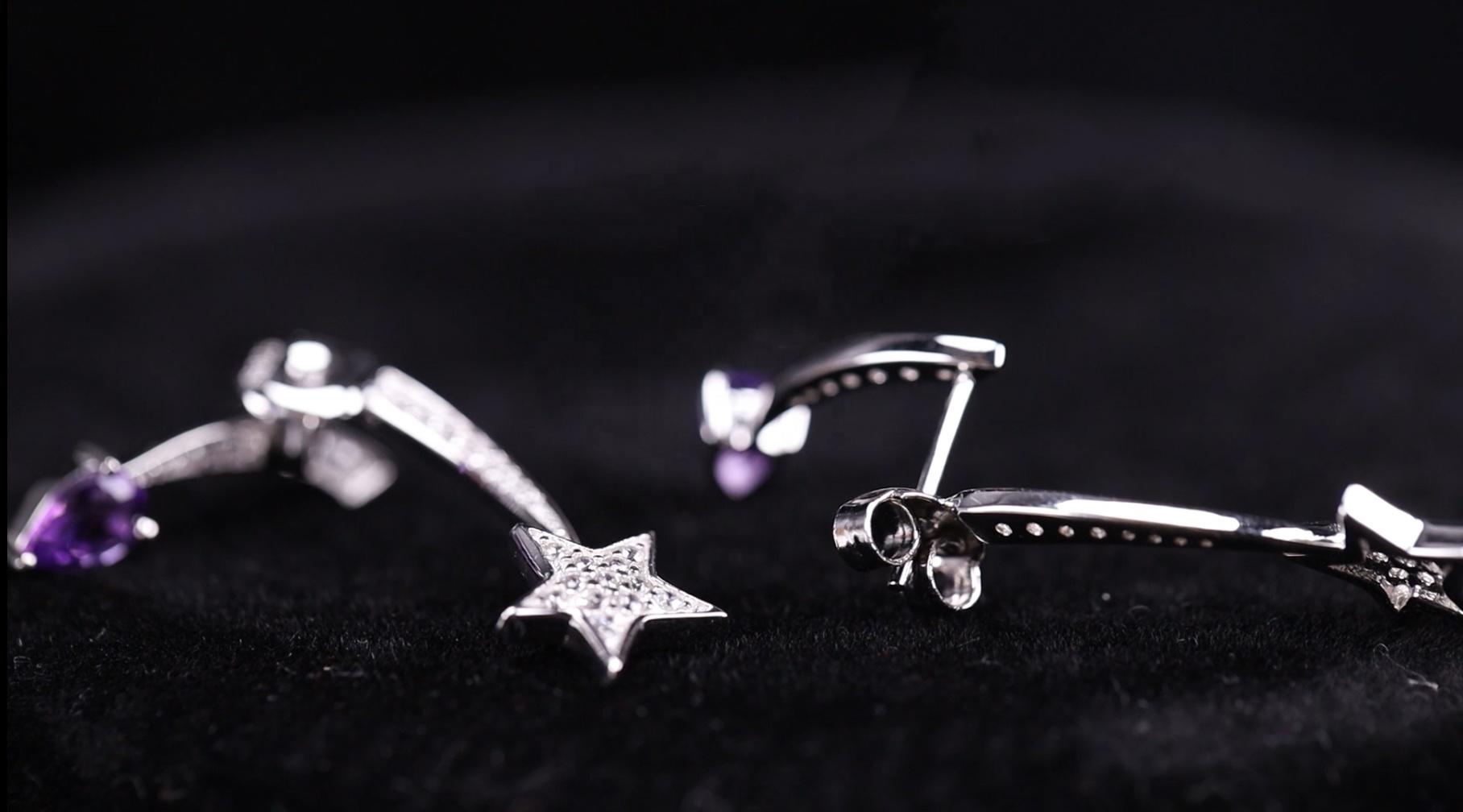 product-BEYALY-Adjustable Purple Water Drop Zircon 925 Silver Star Design Earrings-img-2
