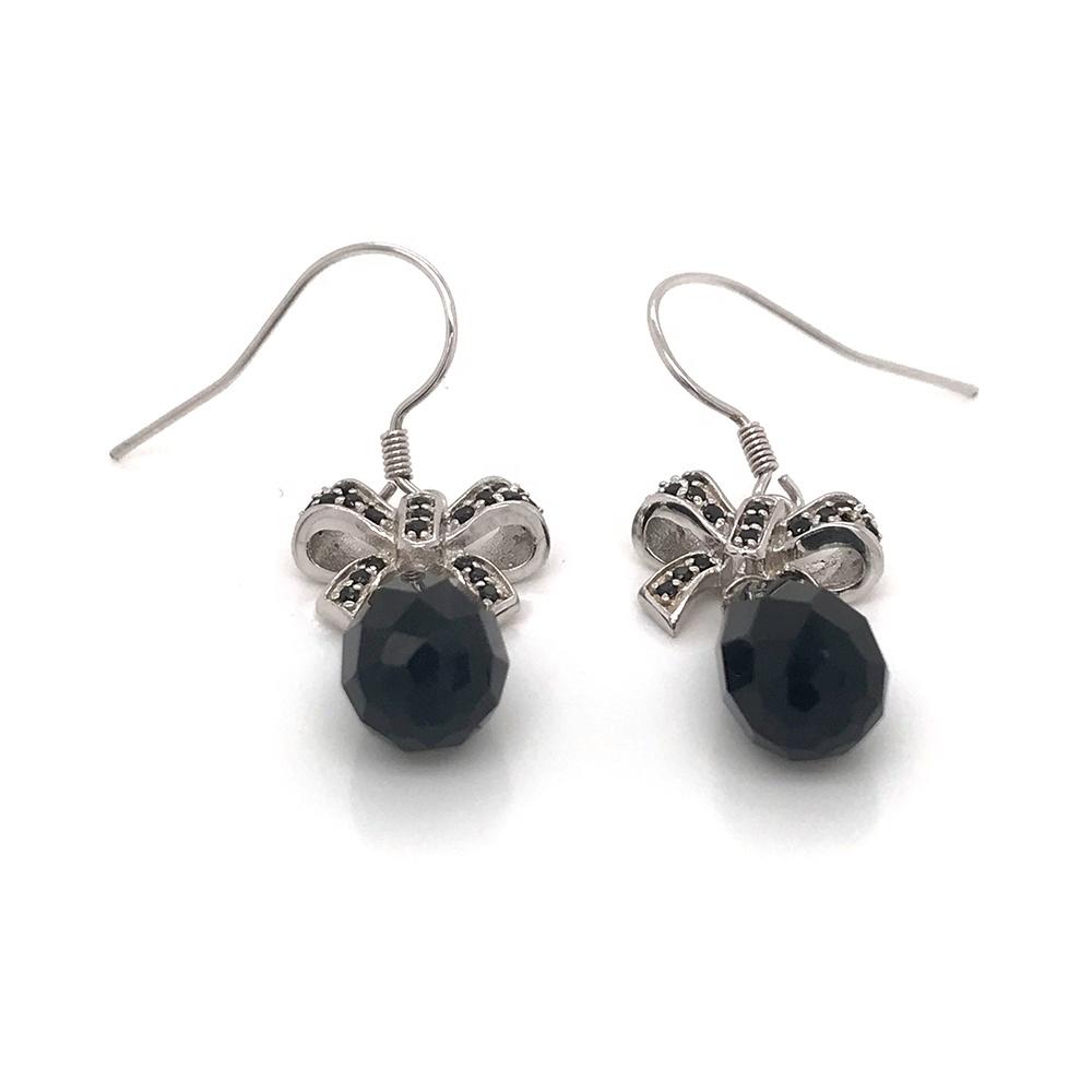Black Water Drop Stone Bowknot Silver Earrings For Women