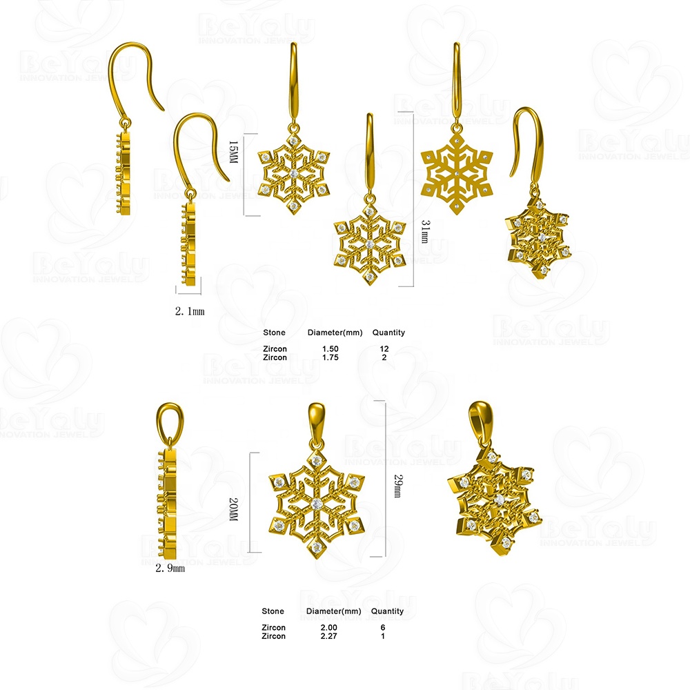 Custom Design Jewelry Gold Plated Snowflake Drop Earrings With Cubic Zircon