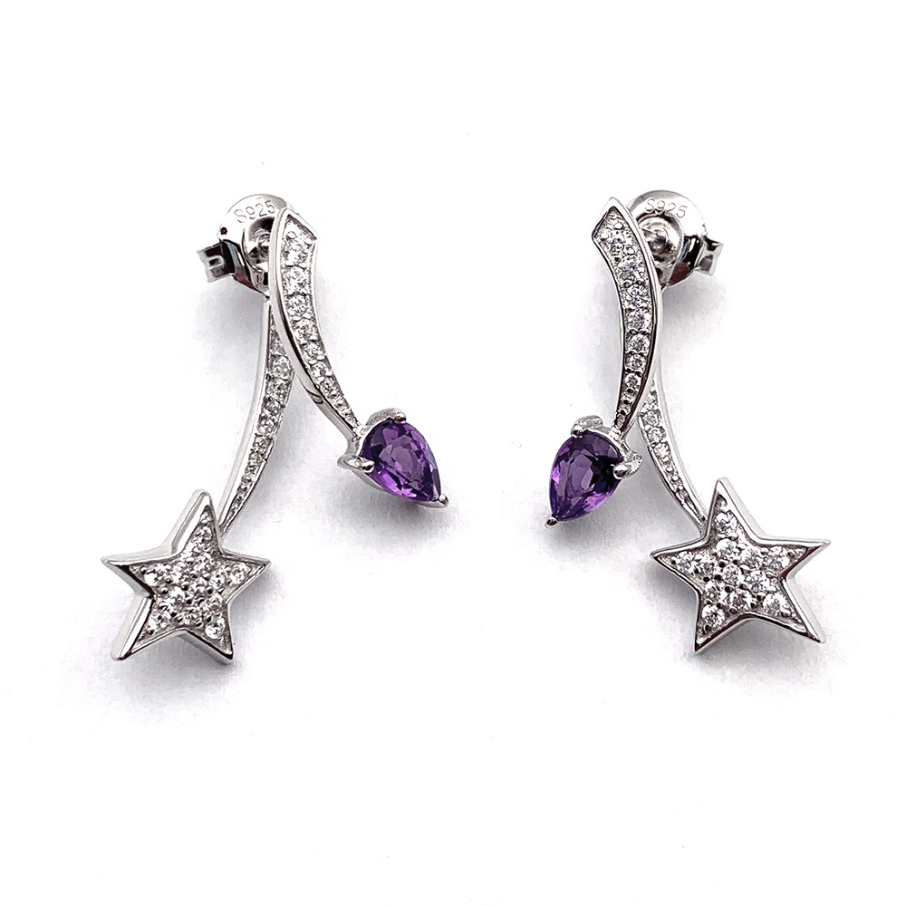 Adjustable Purple Water Drop Zircon 925 Silver Star Design Earrings