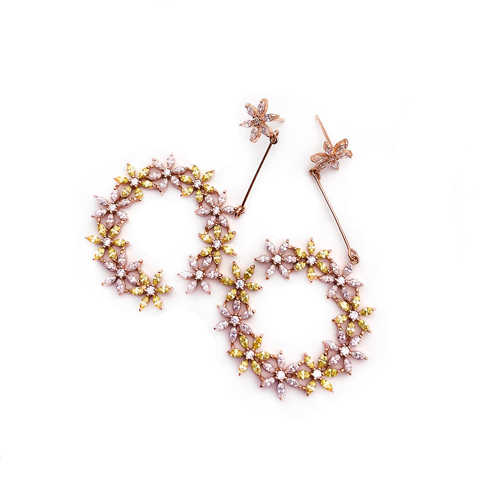 Hollow Engraved Flower Silver Ear Ring Models, Yellow And Pink Color Cz Earrings