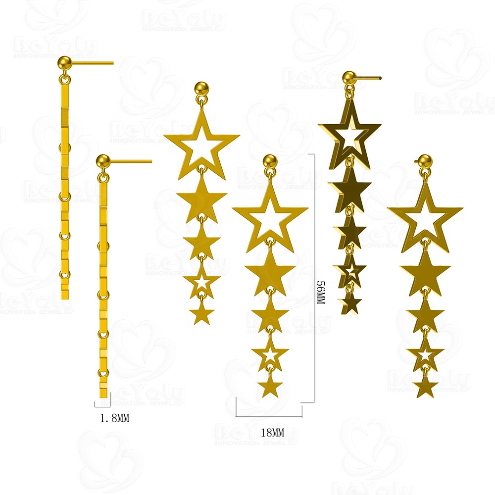 Custom Gold Plated Long String Stars Pendant Earring Silver 925 For Women