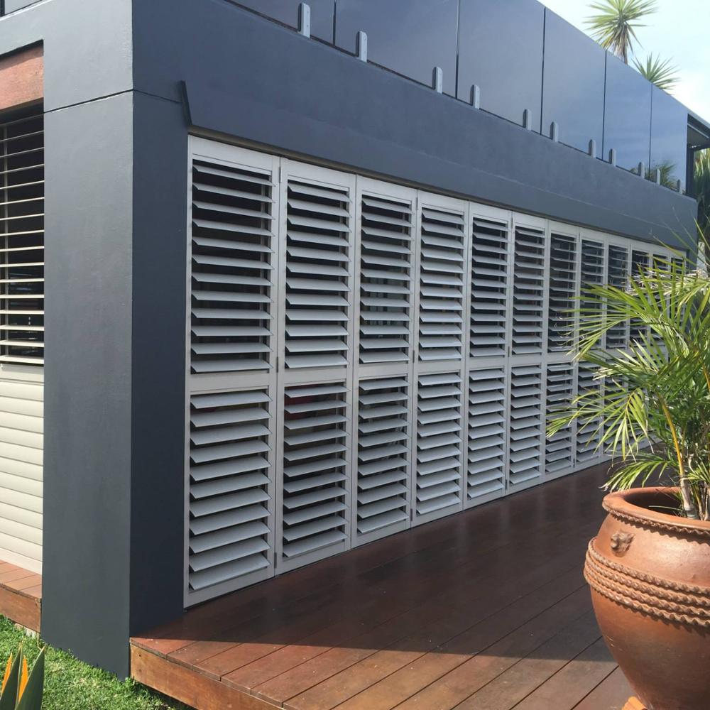Aluminium plantation shutters with 90mm operable louvers blades