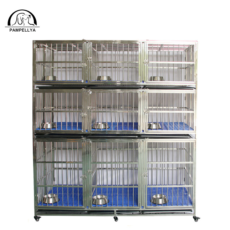 Strong Stainless Steel Material 3 layers 9 Door Folding Big Pet Dog Cage with Wheels