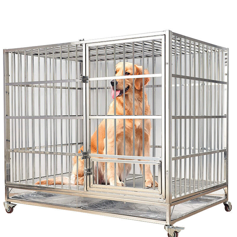 Fold Stainless Steel Dog Cage Kennel With Wheels Commercial Dog Cage