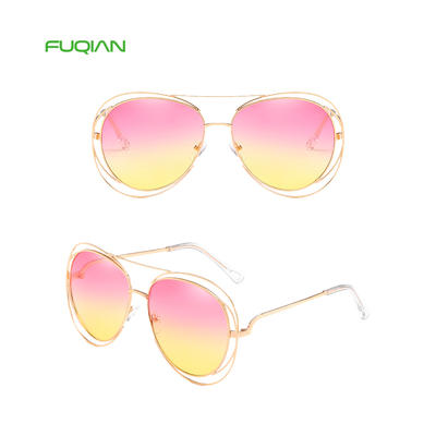 Candy Color OEM Round Metal Double-Ring Hollow Women Shades Sunglasses