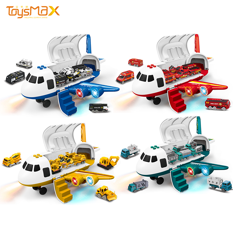 Kid's educational toys transport friction aircraft inertia deformation alloy plane electric toy with spray music and light
