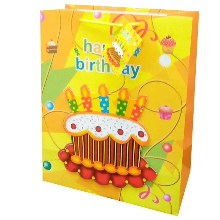 Embossing Reusable Double Handle Yellow Happy Birthday Paper Gift Bags