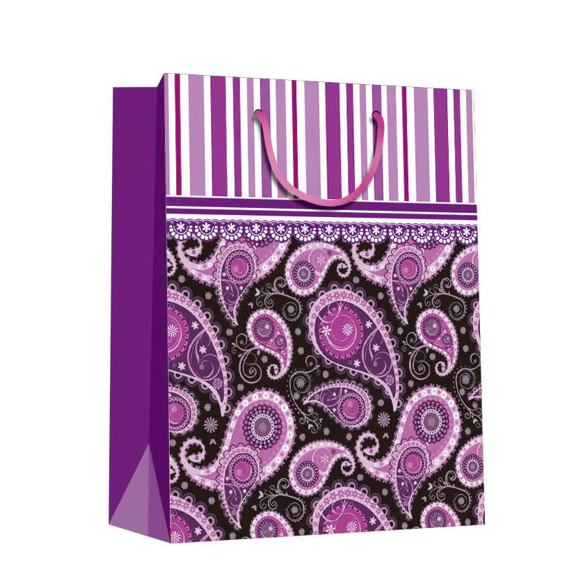 Promotional Luxury Durable Purple Handmade Stripe Gift Paper Bag With Rope Handles