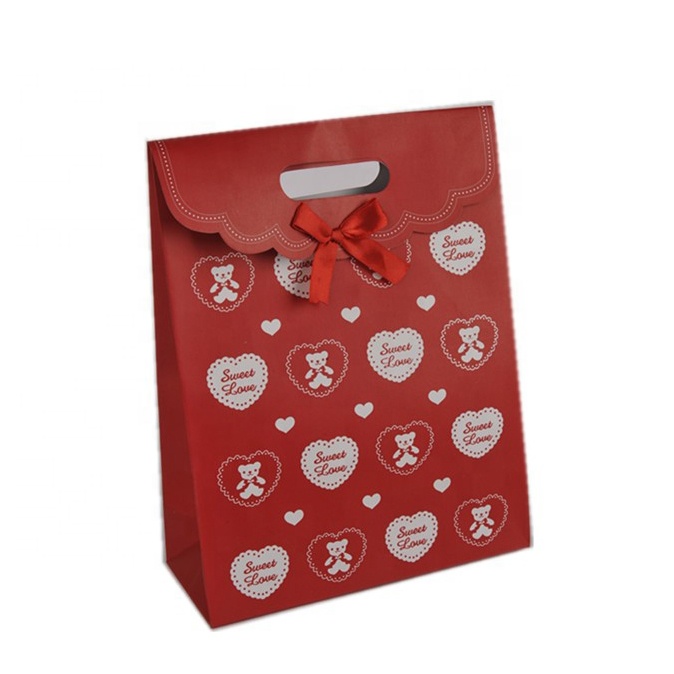 Último Diseño Pegatina Plegable Corazón Impresión Niños Red Bowknot Regalo Papel Bolsas De Regalo