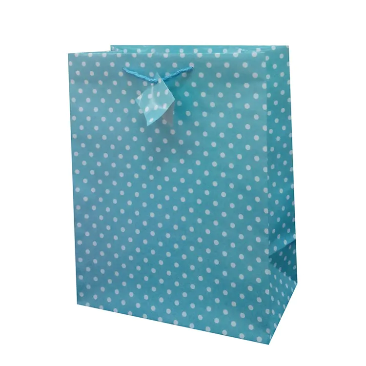 Recyclable Custom Printed Blue Shopping Packaging Paper Gift Bag With Dots, Promotional Paper Wine Bag
