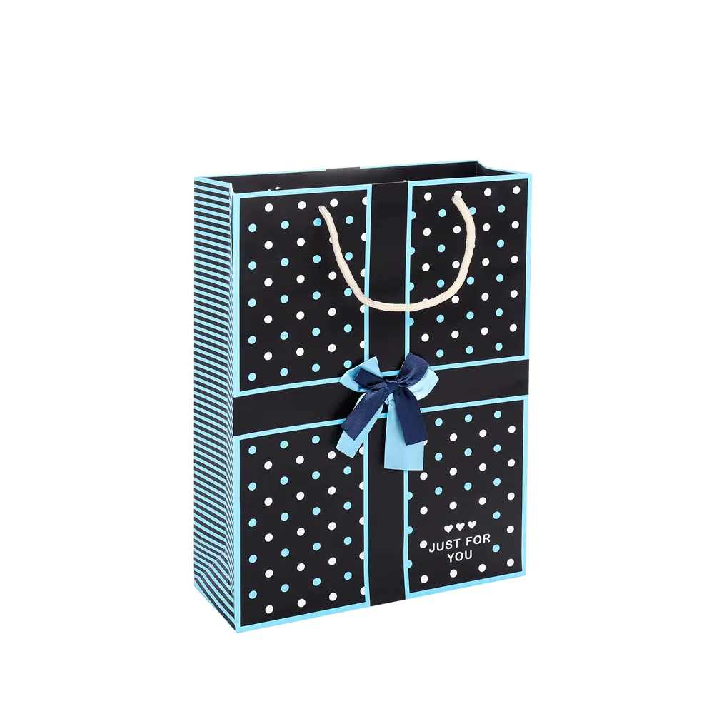 Wholesale Custom Dot Printed Biodegradable Birthday Blue Paper Gift Bags With Rope Handles