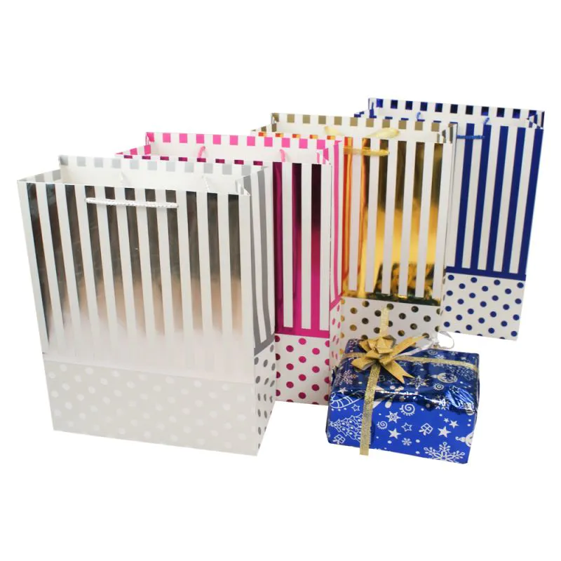 High quality gift packaging paper bags glitter stripes paper gift bags with handle