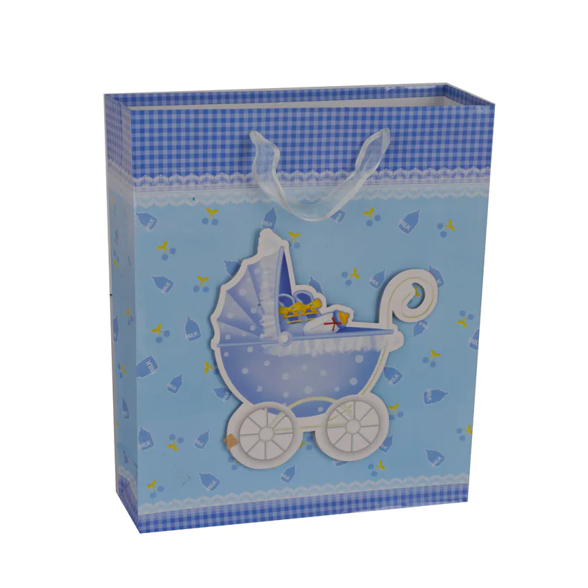 Unique Design Double Handle Embossing Blue Pram Paper Gift Bag For Baby