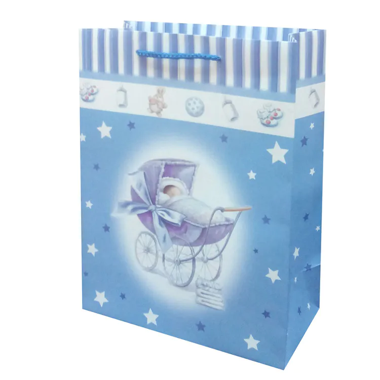 Wholesale Printed Your Own Logo Blue Gift Shopping Paper Bag With Rope Handles