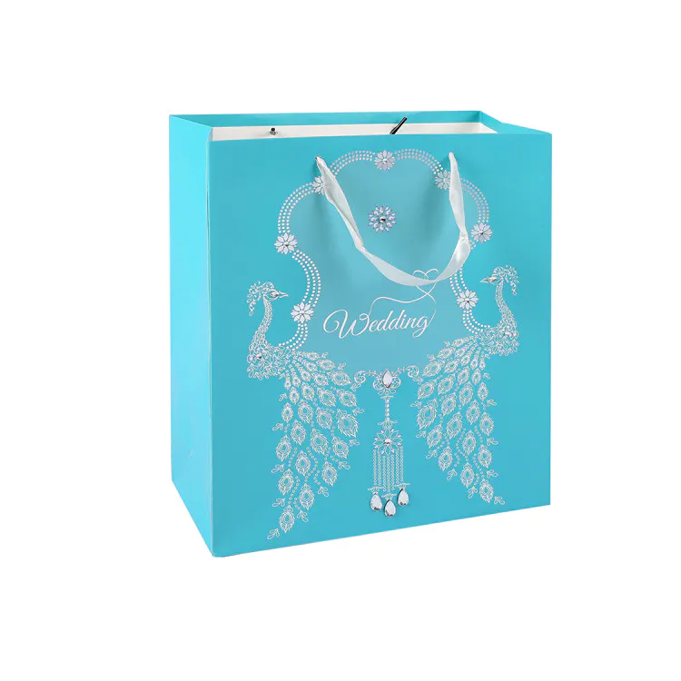 Embossing Custom Logo Printed Double Handle Durable Stand Up Blue Wedding Gift Bag