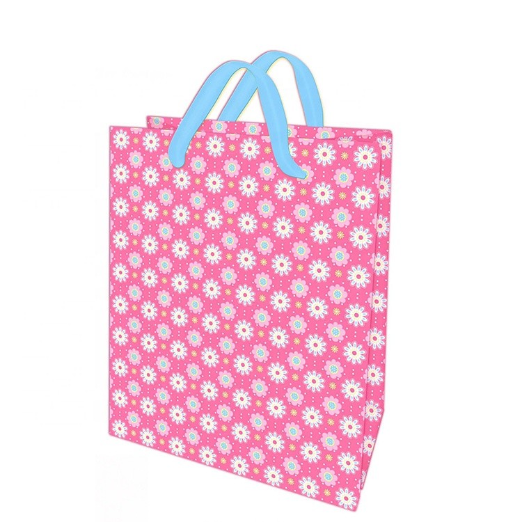 Fancy Low Price Pink Easy Carry Small Floral Christmas Paper Bag With Blue Handle