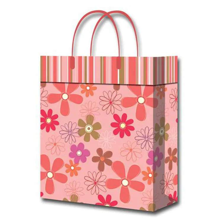 Wholesale Custom Flower Printed Eco-friendly Baby Shower Pink Gift Paper Bags With Handles