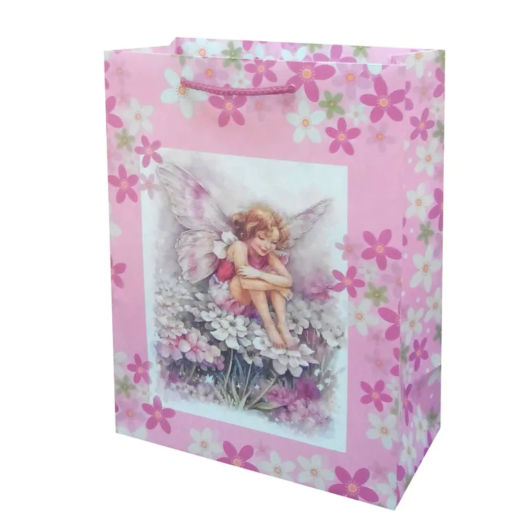 New Fashion Floral Cartoon Characters Gift Paper Bag With Pink Hand Length Handle