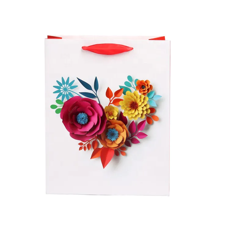 2018 Hot Sale Custom New Design Handmade Colorful 3D Flowers Eco-friendly Fancy Shopping Paper Tote Bags With Rope Handles