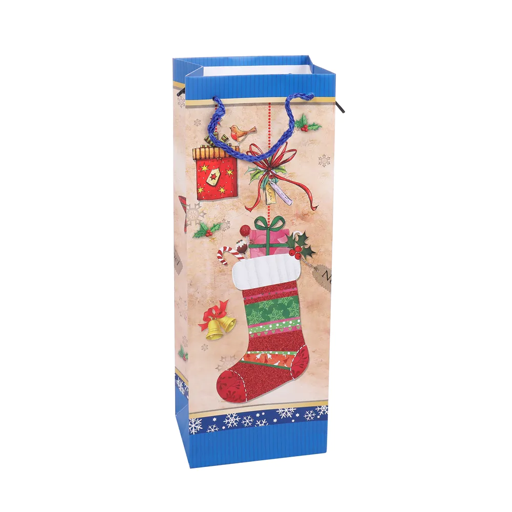 Cute Design Printing Foldable Christmas Stocking Kraft Gift Wrapping Paper Wine Bag