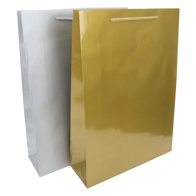 2019 High quality dumb bright film gold silver kraft paper bag with handle wholesale