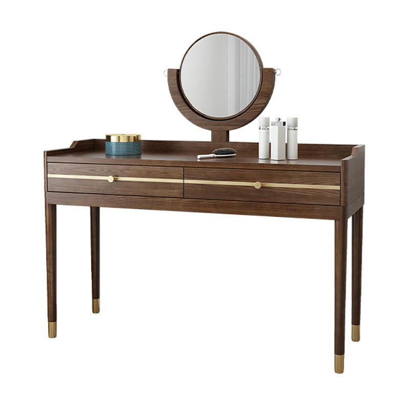 2020 Wholesale Modern hot sellingsoild Wooden Bedroom Cupboard Dressing Table with Copper foot and Circular mirror