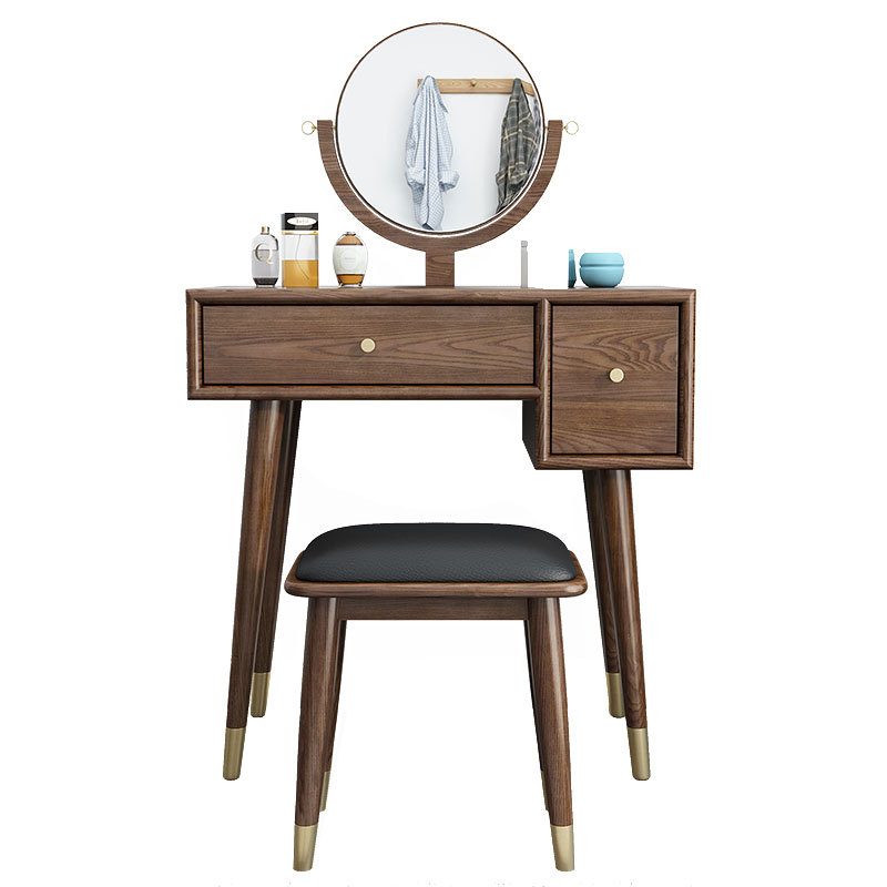 Custom Modern Bedroom Makeup soild Wooden wax oil dressing table with a circular mirror directly sold by Chinese manufacturers
