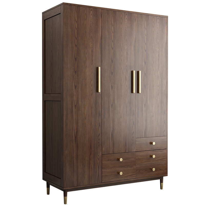 Nordic OEM supported gold wooden wardrobe with 3 doors and 5 drawers clothes storage cabinet wood for bedroom furniture