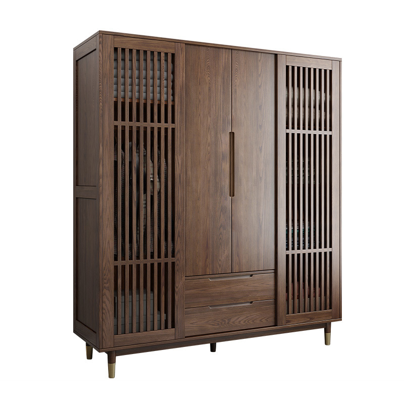 Modern OEM supported bedroom furniture brass feet wooden wardrobe with hollow doors clothes storage cabinet