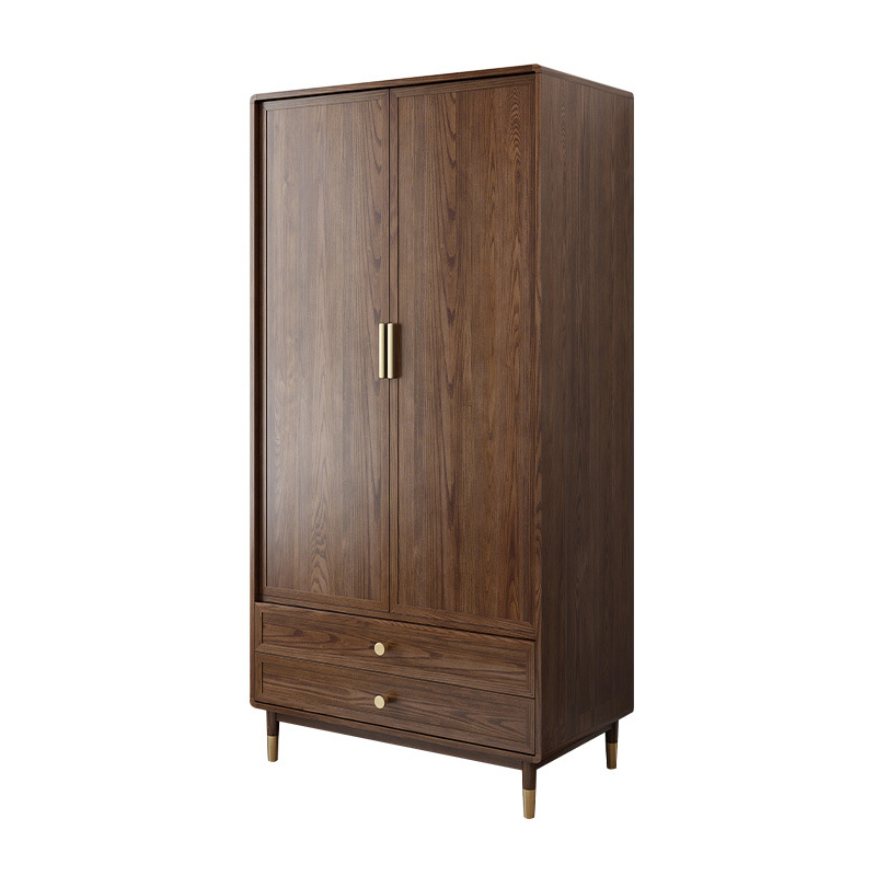 home high quality special offer simple hot sales white ash material walnut color 2 doors solid wood wardrobe with 2 drawers