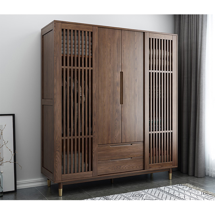 Elegant custom upscale high quality multiple Hollow door large capacity 4 door soild wood wardrobe for clothes storage