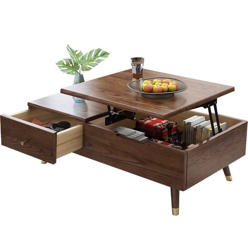 industrial Design Style Solid wooden Customizable multifunctional lifting tea table with Copper foot for living room