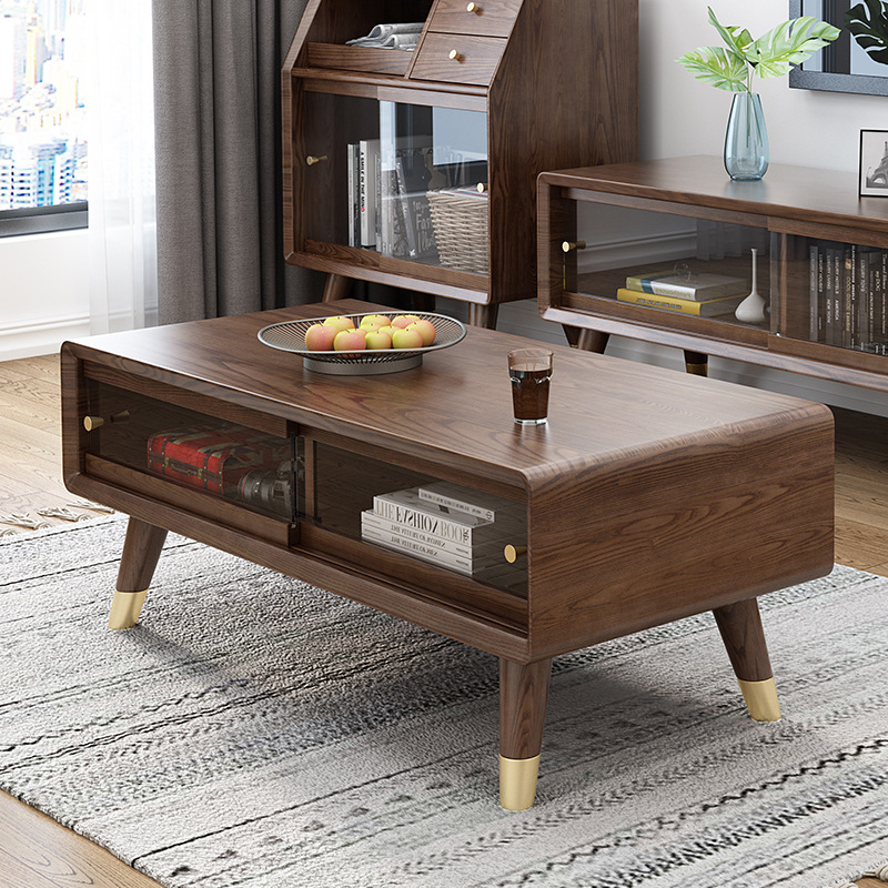 High quality good price simple lounge design durable white ash copper feet solid wood coffee table living room furniture