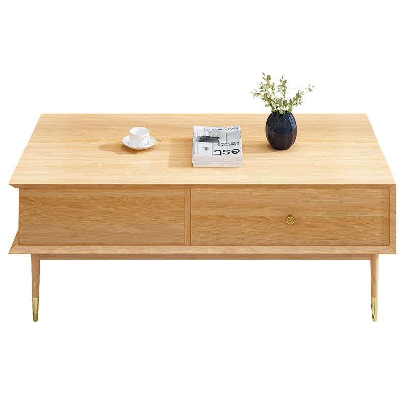 Morden custom solid ash wooden tea table coffee table with brass feet and handles and 2 drawers living room furniture