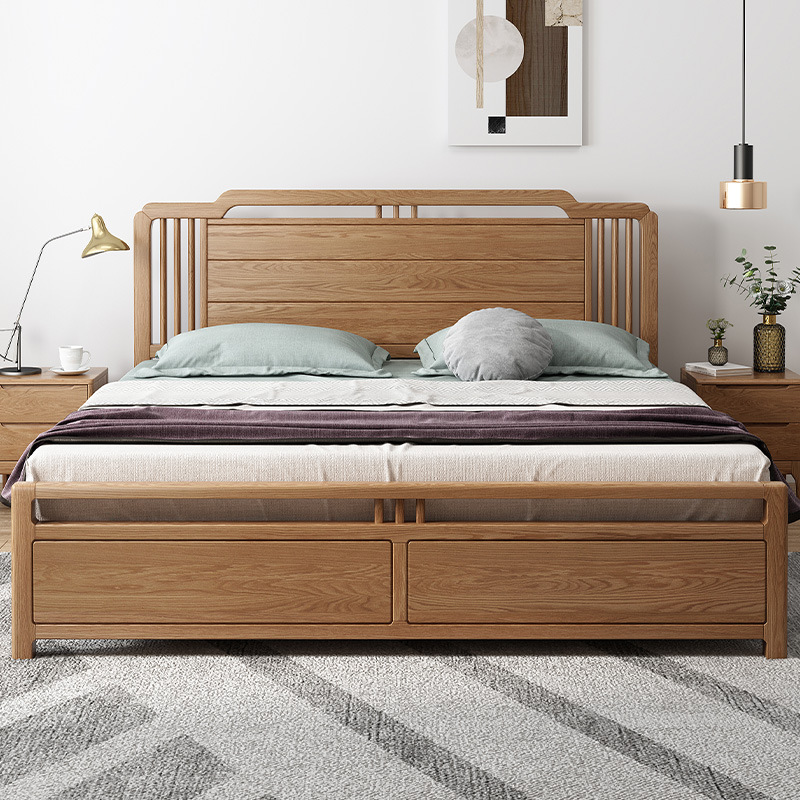 luxury simple design natural wood color double single queen king size soild wooden bed designs with price