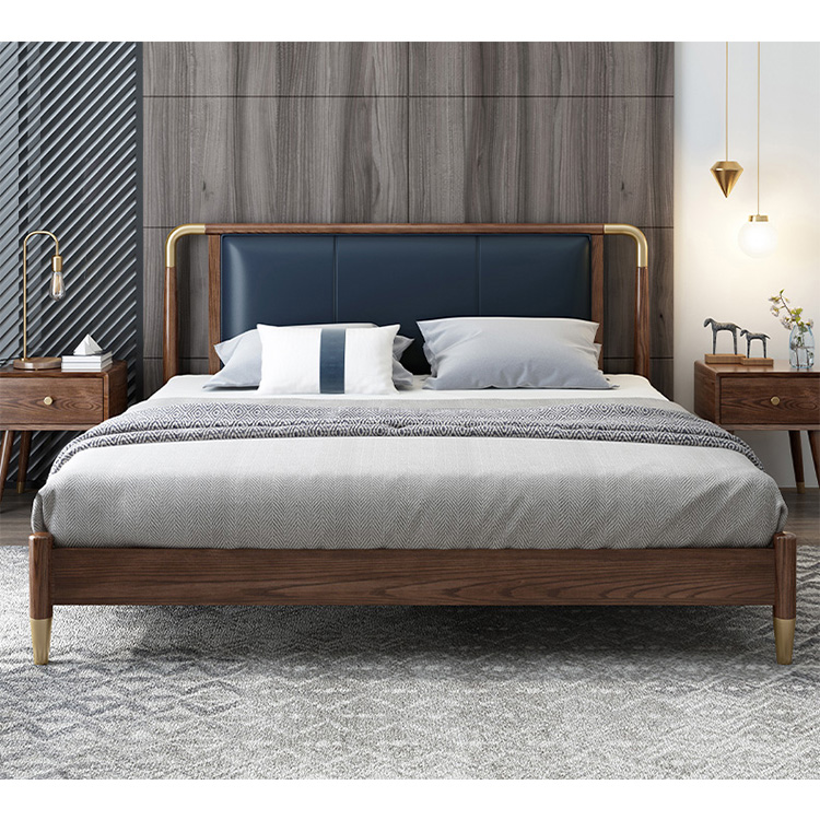 2020 high quality low price comfortable soild wooden bed set with Genuine leather for bedroom furniture