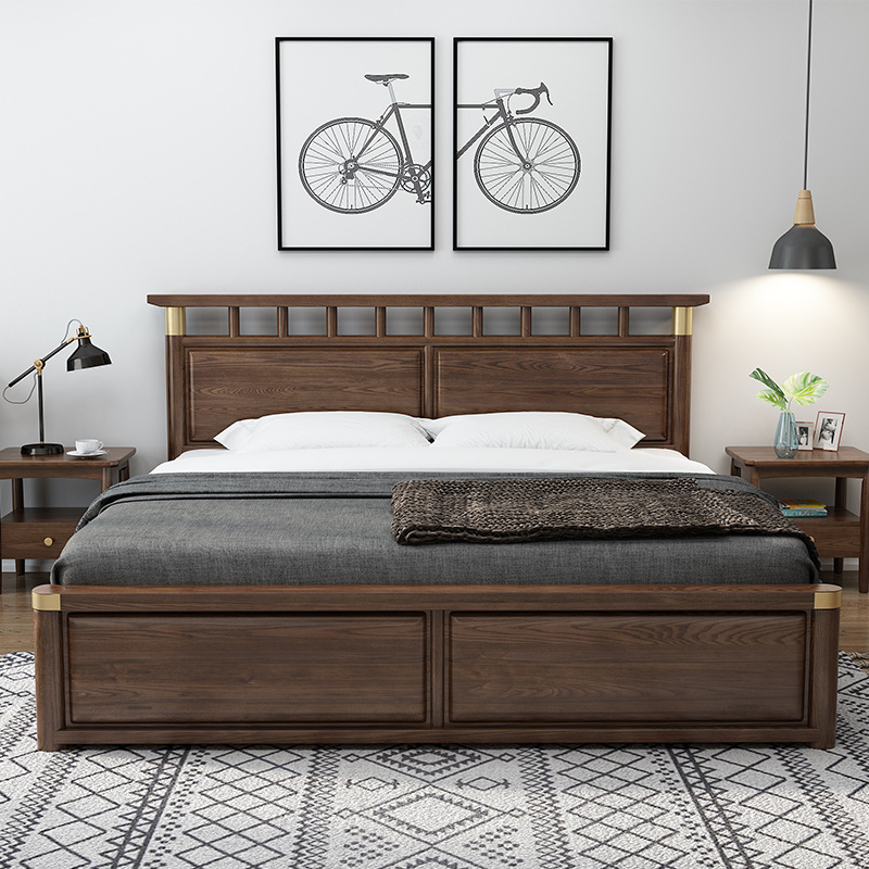 2020 multifunctional walnut color soild wooden bed sets luxury bedroom modern furniture with storage box