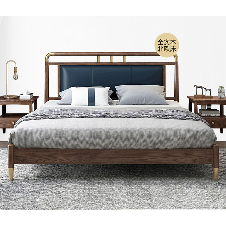 2020 elegant simple modern design 180x200 150x200 bedroom furniture soild wood beds with Leather backrest